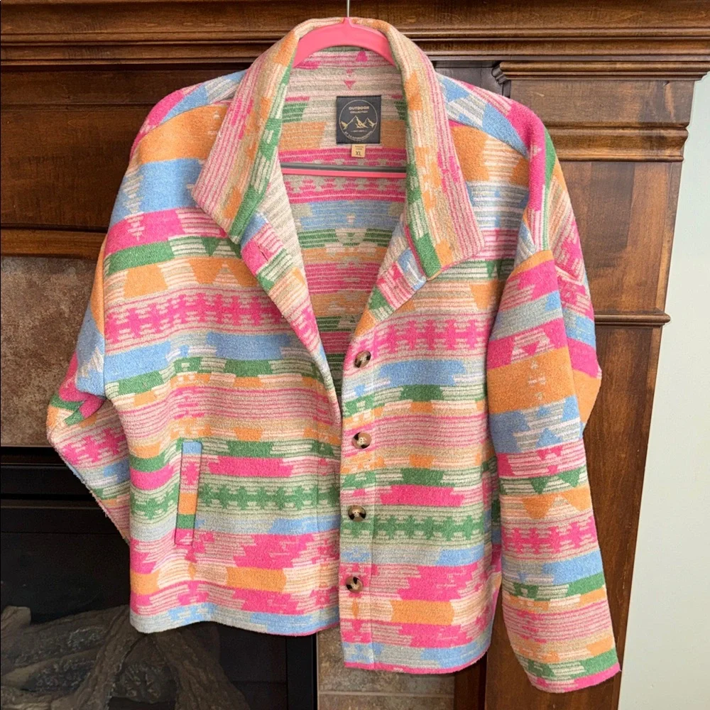 Colorful wool blend western aztec button down shirt Shacket  XL